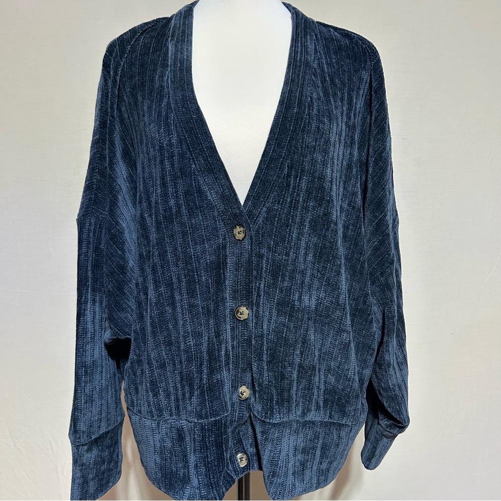 Anybody Navy Blue Chenille Button Front Cardigan with Rib Trim Sweater NWOT XL